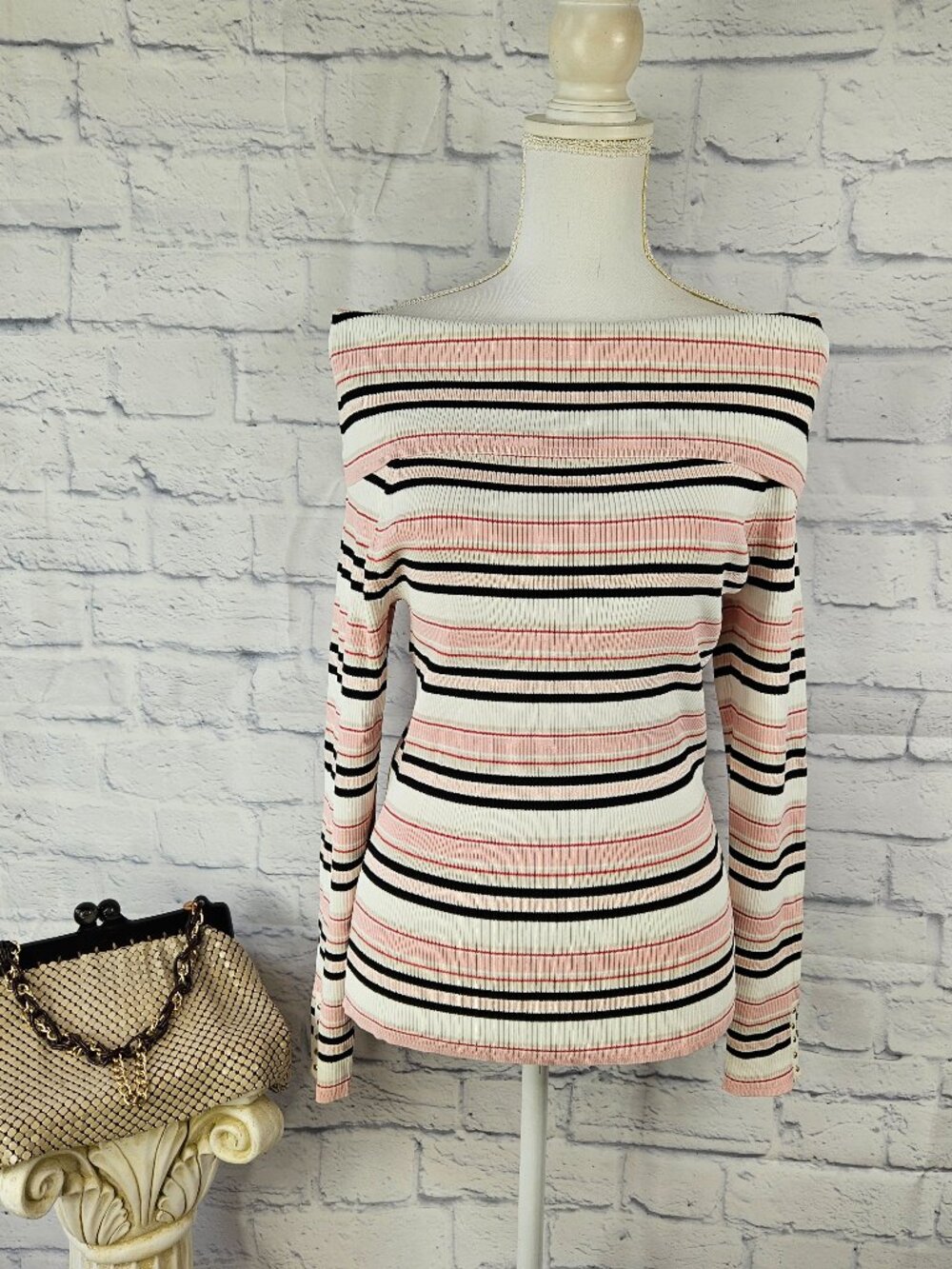 NWT White House Black Market Size L Pink Striped Off the Shoulder Ribbed Top $88